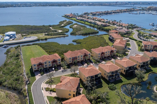 bird's eye view with a water view and a residential view