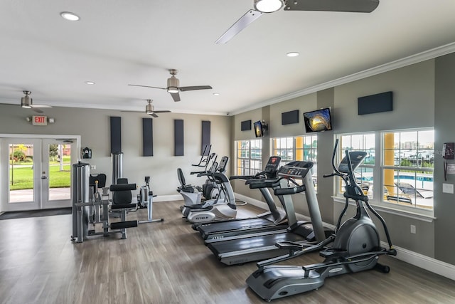 exercise room featuring ornamental molding, french doors, wood finished floors, and baseboards