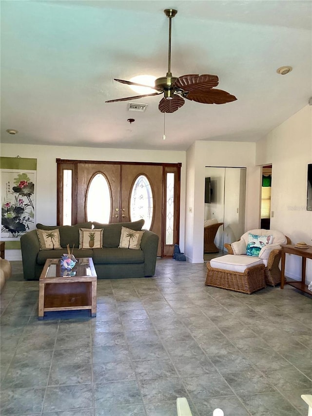 1428 Pine Island Ct, Punta Gorda, FL 33950 - living room featuring visible vents, vaulted ceiling, and ceiling fan
