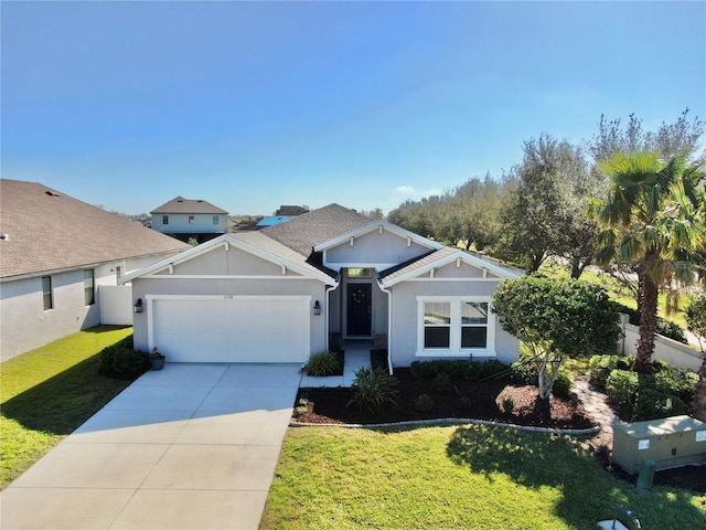 view of front of property with fence, concrete driveway, a front yard, stucco siding, and a garage