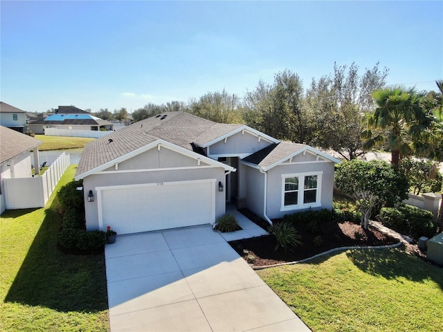 ranch-style home with stucco siding, a front lawn, fence, concrete driveway, and a garage