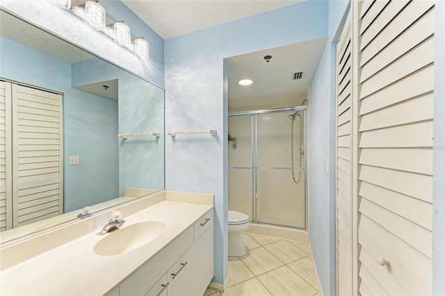 bathroom featuring visible vents, a closet, toilet, and a stall shower
