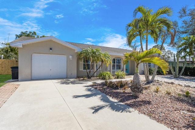 ranch-style home featuring a garage, driveway, fence, and stucco siding