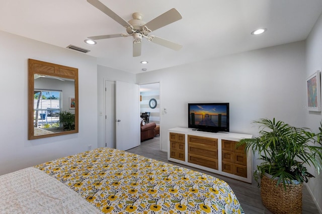 bedroom featuring recessed lighting, visible vents, ceiling fan, and wood finished floors