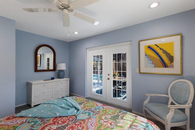 bedroom with ceiling fan, recessed lighting, baseboards, access to outside, and french doors