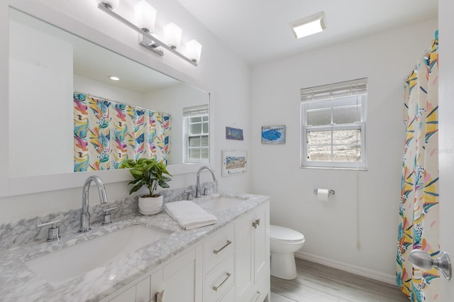 full bath featuring double vanity, wood finished floors, a sink, and toilet