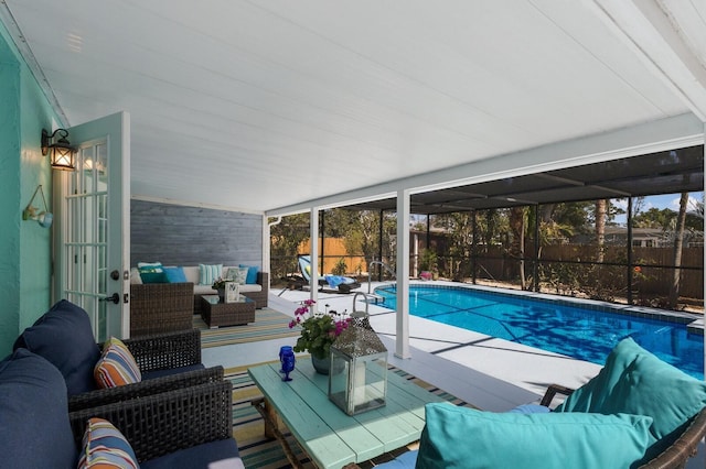 view of pool with an outdoor hangout area, a fenced backyard, and a fenced in pool