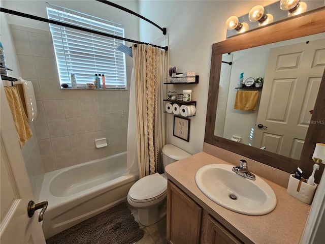 full bathroom featuring shower / bathtub combination with curtain, toilet, and vanity