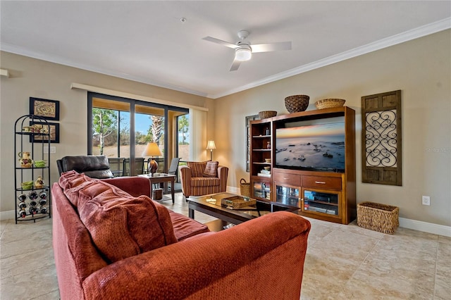 living area featuring ornamental molding, a ceiling fan, and baseboards