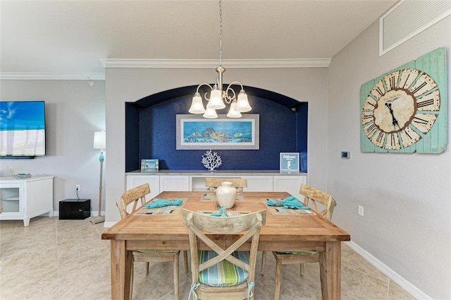 dining space featuring a chandelier, light tile patterned flooring, visible vents, baseboards, and ornamental molding