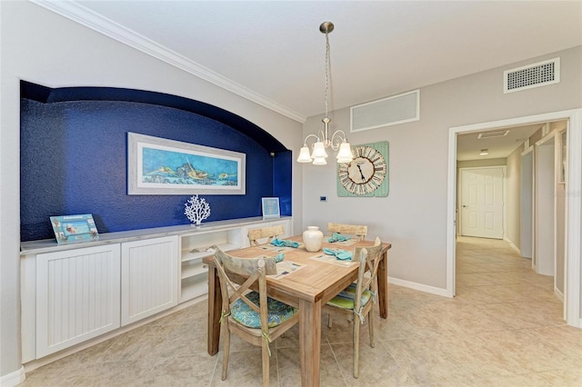 dining space with a chandelier, visible vents, crown molding, and baseboards