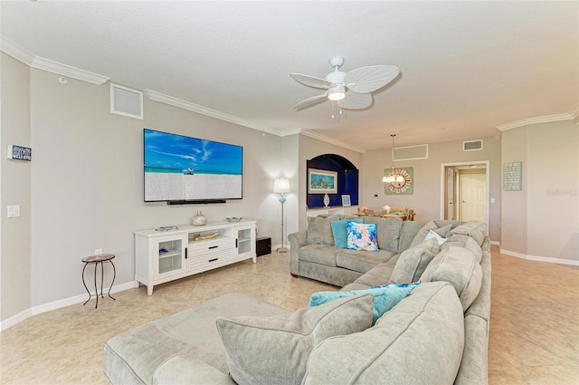 living area with baseboards, light tile patterned floors, visible vents, and crown molding