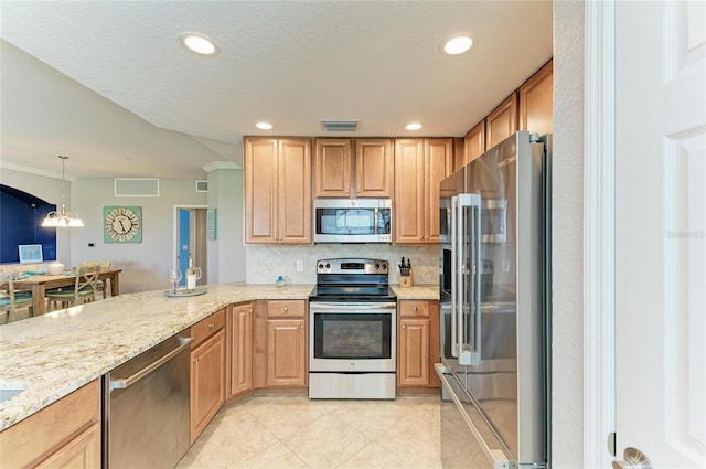 kitchen with light stone counters, light tile patterned floors, visible vents, backsplash, and appliances with stainless steel finishes