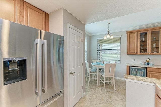 kitchen featuring beverage cooler, glass insert cabinets, brown cabinetry, and stainless steel fridge with ice dispenser