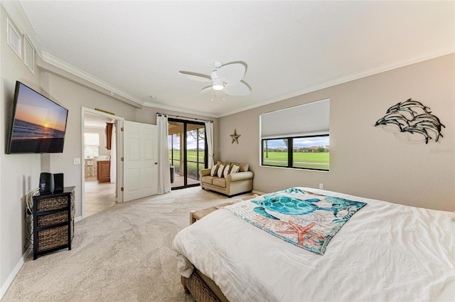 bedroom featuring carpet, crown molding, a ceiling fan, access to outside, and baseboards