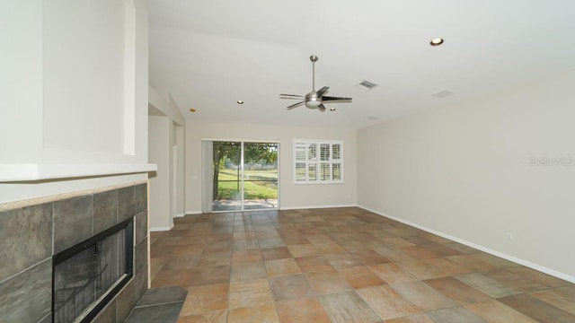 unfurnished living room featuring recessed lighting, visible vents, a tiled fireplace, ceiling fan, and baseboards