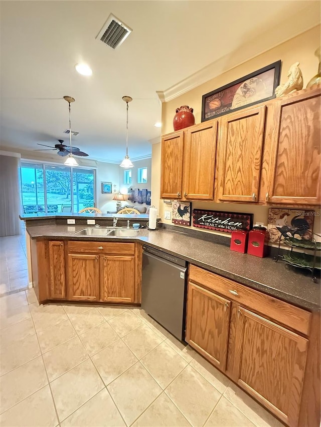 kitchen with black dishwasher, dark countertops, visible vents, a sink, and a peninsula