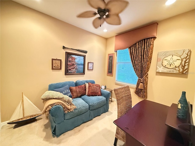 carpeted living room with recessed lighting and ceiling fan