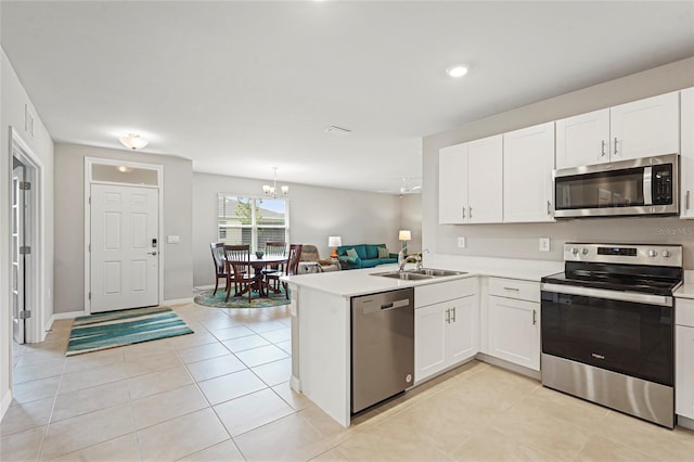 kitchen featuring stainless steel appliances, a peninsula, a sink, and white cabinets