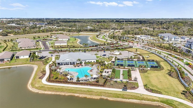 bird's eye view with a water view