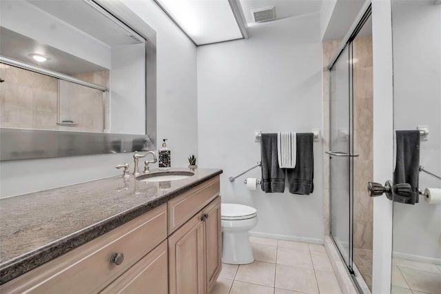 bathroom with toilet, a stall shower, tile patterned flooring, and visible vents