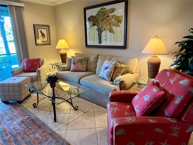 living room featuring light tile patterned flooring and crown molding