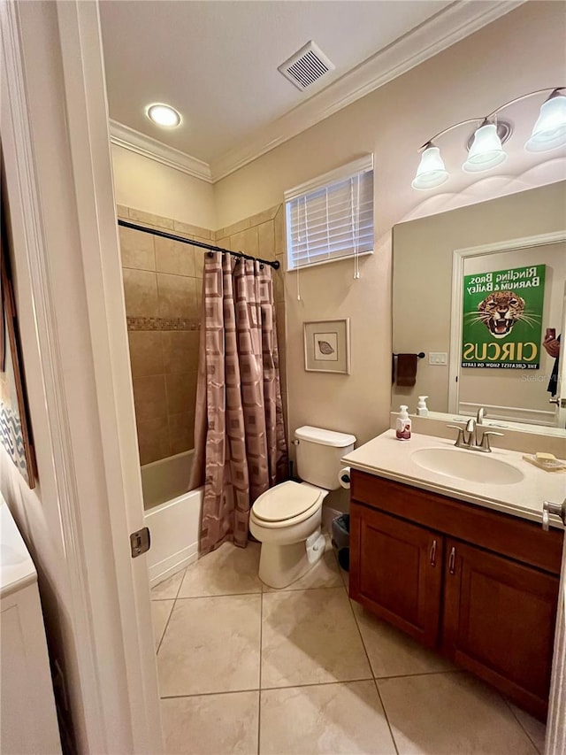 bathroom with crown molding, visible vents, shower / bathtub combination with curtain, vanity, and tile patterned floors