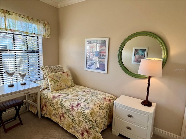 bedroom with carpet floors and ornamental molding