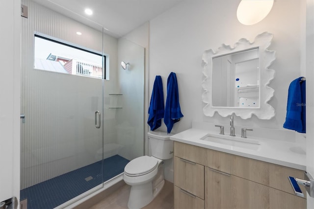 bathroom with a shower stall, toilet, and vanity