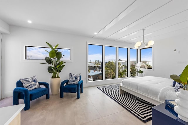 bedroom with recessed lighting, a chandelier, and light tile patterned flooring