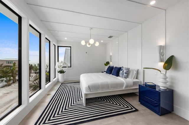 bedroom with a chandelier, baseboards, visible vents, and recessed lighting