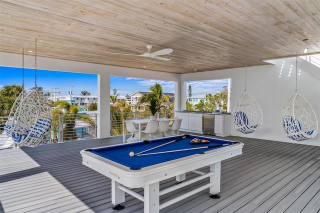 game room featuring wooden ceiling, billiards, and ceiling fan