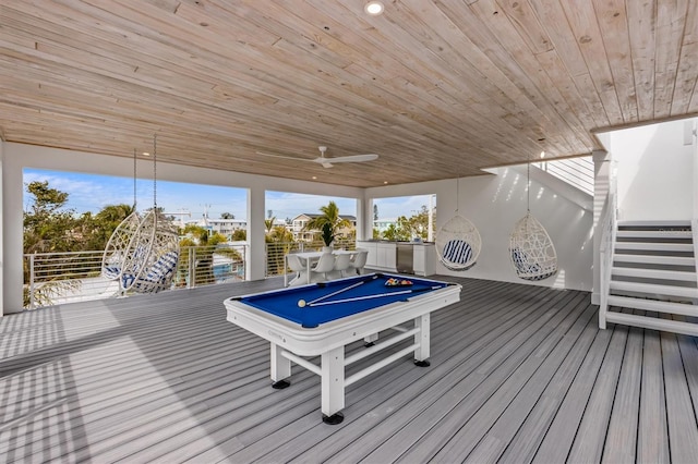 playroom featuring wood finished floors, wooden ceiling, billiards, and recessed lighting