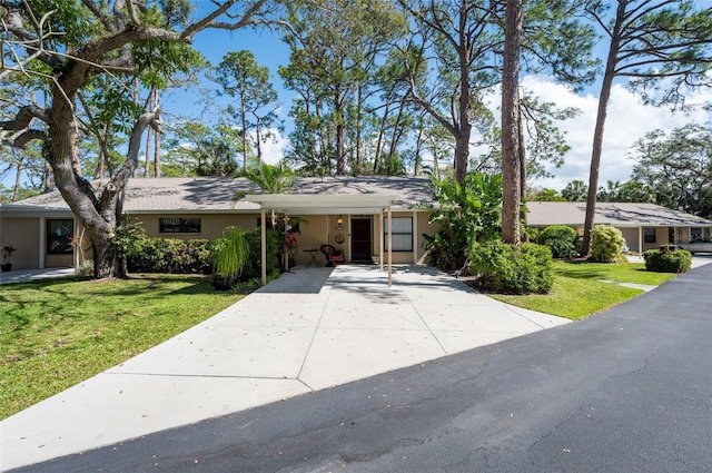 ranch-style home featuring driveway, a front yard, and stucco siding