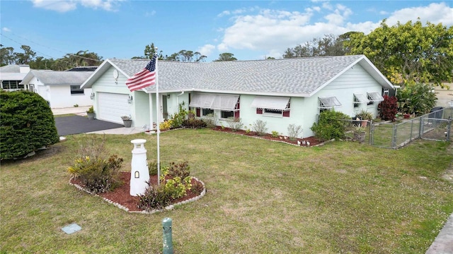 ranch-style home with driveway, a garage, a gate, fence, and a front lawn