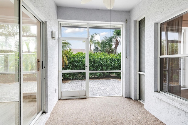 doorway featuring ceiling fan, a textured wall, and carpet flooring