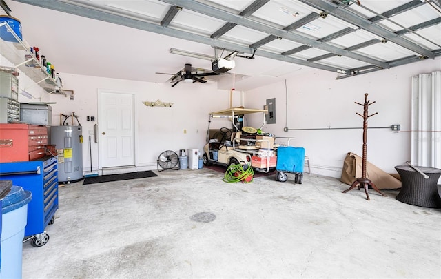 garage with electric panel, water heater, and a garage door opener