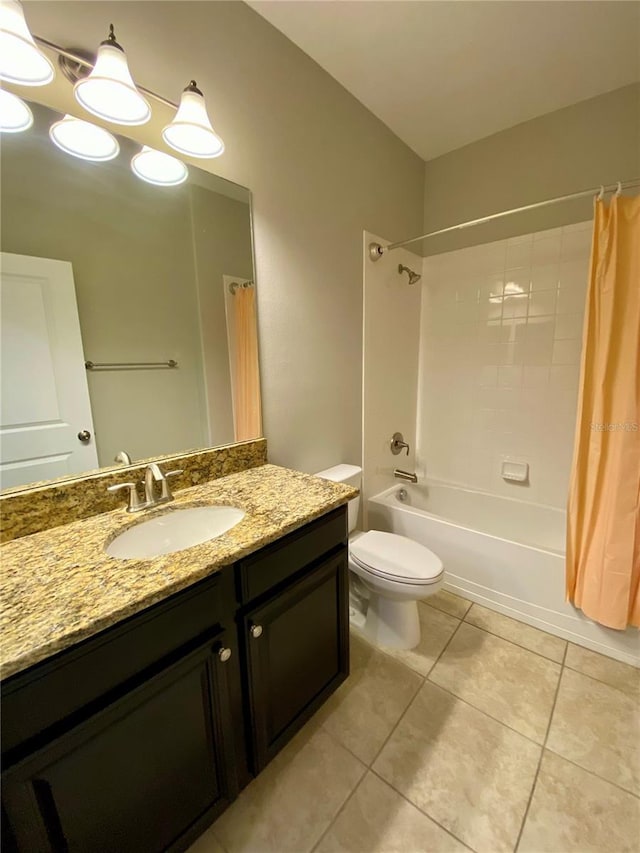 full bath with toilet, tile patterned flooring, vanity, and shower / bathtub combination with curtain