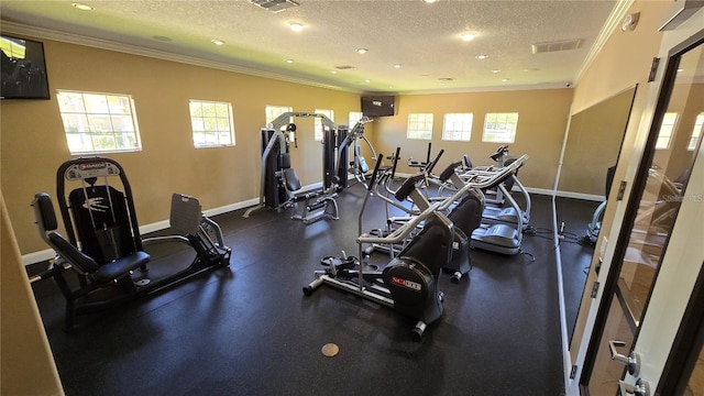 exercise room with a healthy amount of sunlight, crown molding, a textured ceiling, and baseboards