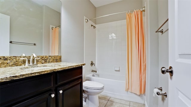 full bath with vanity, shower / tub combo with curtain, tile patterned floors, and toilet