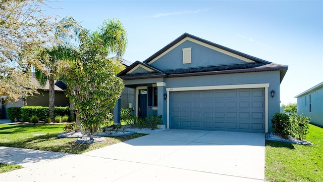 ranch-style home with an attached garage, driveway, a front yard, and stucco siding