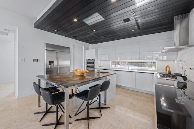 kitchen with a sink, white cabinets, wall chimney range hood, appliances with stainless steel finishes, and modern cabinets