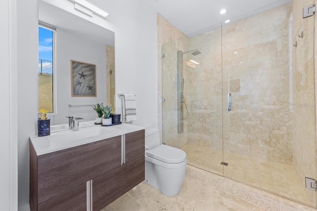 full bath featuring toilet, a stall shower, tile patterned floors, and vanity