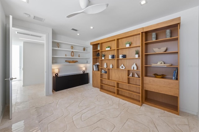 office area with ceiling fan and visible vents