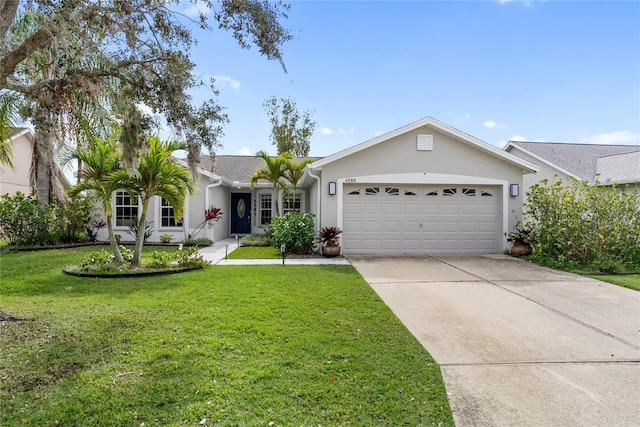 ranch-style home with an attached garage, a front yard, concrete driveway, and stucco siding