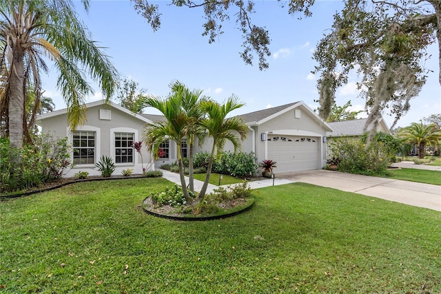 ranch-style home featuring a front yard, driveway, an attached garage, and stucco siding