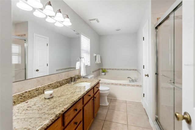 bathroom with a bath, a shower stall, visible vents, and tile patterned floors