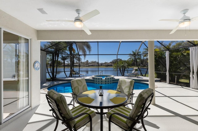 sunroom / solarium with a pool, a water view, and ceiling fan