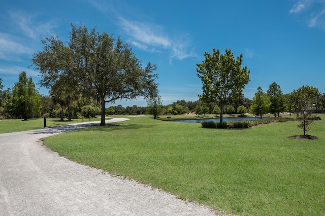 surrounding community featuring driveway, a yard, and a water view