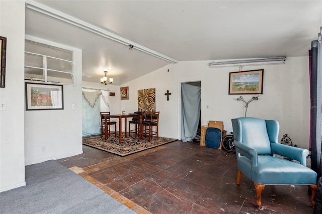 interior space with lofted ceiling with beams and a chandelier